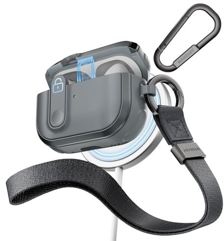MAGEASY Custodia per AirPods Pro 2, robusta custodia per AirPods Pro con serratura, funziona con cavo, ricarica ufficiale Apple Watch e MagSafe, include moschettone e cinturino da polso, Odyssey