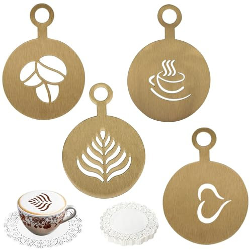 GYHWOFUL 4 Stück Cappuccino Schablonen mit Kaffeeuntersetzer, Edelstahl Kaffeezubehör für Kakaostreuer, Geschenk Kaffee Schablone Accessoires, für Cappuccino Heißer Schokolade, Kuchen und Desserts