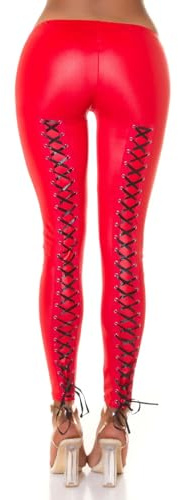krautwear Damen Wetlook Leggings Jeggings Hose mit Schnürung Hinten (Red-S-M)