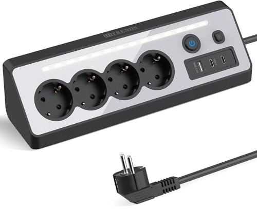 HITRENDS Steckdosenleiste, 4-Fach Ecksteckdose mit USB und 2 Type-C, Tischsteckdose mit 2 Schalter und LED-Nachtlicht (3680W 16A), Verteilersteckdose Überspannungsschutz für Küche, Büro, 1.5M, Schwarz
