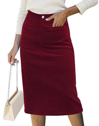 luvamia Corduroy Wine Red Pencil Skirts for Women Midi Length High Waisted Trendy Fall Elastic Waist Casual Stretchy Midi Skirts with Pockets Medium US Size 8-10