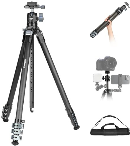NEEWER 60,4 Reisestativ aus Carbonfaser mit abnehmbarem 360° Kugelkopf, leichtes Videokamera Stativ mit Metall Schnellverschluss, Arca Typ QR Platte, kompatibel mit Peak Design Capture V3, LT36