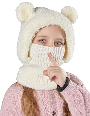 SEAUR Schlupfmütze Mädchen 4-10 Jahre Gefüttert Strickmütze Kinder Schalmütze Sturmhaube Wintermütze Niedlicher Bärchen Balaclava