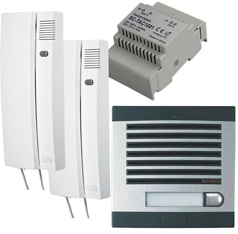 Genérico Intercom Kit – 2 Wire, Easy Installation, Complete Street Plate, Box, DIN 12Vac/1A Feeder and Telephones (1 Housing 4)
