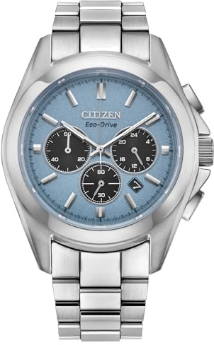 Citizen Men's Eco-Drive Sport Luxury Watch, Silver-Tone Stainless Steel Bracelet, Light Blue Dial, Chronograph,12/24 Hour Time, Date (Model: CA4680-55L)