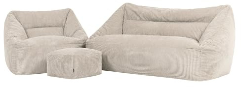icon Cecilia Cord Bean Bag Sofa, Chair with Footstool, Beige, Floor 2 Seater Sofa, Large Adult Bean Bag with Filling Included, Pouffe Footstool, Living Room, Living Room Furniture