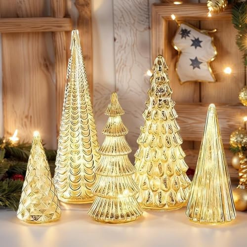 Lot De 5 Illuminé Mercure Verre Noël Sapins, Arbres en Verre De Mercure Illuminé avec LED Lumière, Figurines d'arbre enverre à LED pour Table, Manteau, décor de Maison et de fête de Noëls