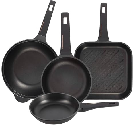 Set mit 2 Pfannen Ø 20 x 24 cm + Grillpfanne 28 x 28 cm + Wok Ø 30 cm aus Aluminiumguss, Farbe: Schwarz, Kupfer Bergner