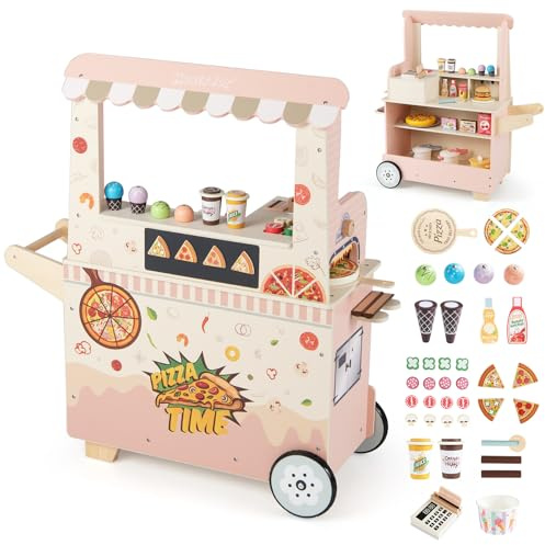 HONEY JOY Kids Pizza Food Truck, Wooden Pretend Play Ice Cream and Pizza Cart with Canopy, Oven, Card Machine, 41 Piece Play Food, Toddler Grocery Store Playset Market Stand for Boys Girls Gift (Pink)