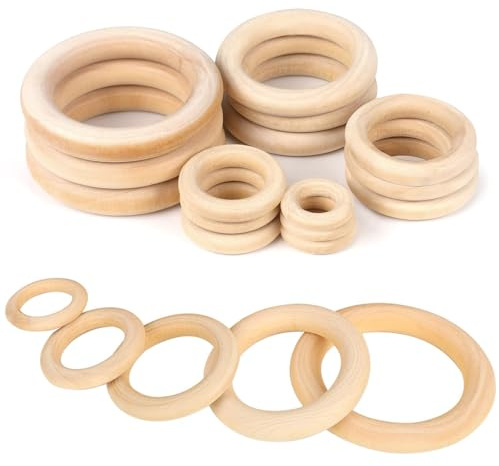 Teouuas Holzringe, 20 Stück Holzringe zum Basteln, Natürlich Holz Ringe | Natürliche Holz Makramee Ringe, für DIY Schmuck Armband Makramee Anhänger Hängende Dekoration Ringes (20/30/40/50/60 mm)