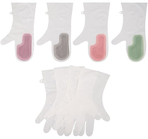 COOLHIYA 4 pares de guantes de silicona para lavar platos con estropajos - Guantes de silicona para fregar platos - Manoplas de cocina impermeables para tareas del hogar, baño y protección de manos.
