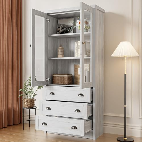 CelticHearth Highboard Schrank mit Glastüren, 80x34x171 cm, Holzoptik, 3 Schubladen, Kupfergriffe, Spanplatte, für Wohnzimmer Büro Flur