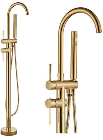 Ari Freistehende Badewannenarmatur SLIM TUBE Bodenmontage Badewannenmischer mit Wasserfall Auslauf 360 Grad Drehbar inkl Handbrause und Keramikventil aus Messing Wannenarmatur (Gold)