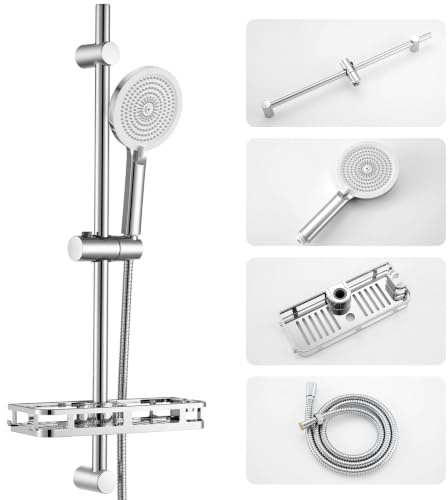 Auralum Barra de Ducha con Alcachofa Antical 4 Modos, Columna de ducha Acero Inoxidable de Regulable 70 cm, Flexo Antitorsión 1.5 m y Estante sin Taladro para Organizar el Baño, Cromo