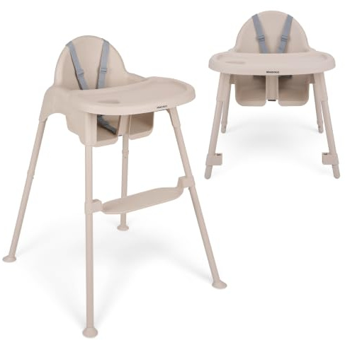 KikkaBoo Chaise Haute Bébé 2 en 1 OATY, Chaise de Repas Convertible pour Enfants jusqu’à 15 kg, Double Plateau Réglable avec Porte-Gobelet, Harnais 5 Points, Repose-Pieds Réglable, Beige