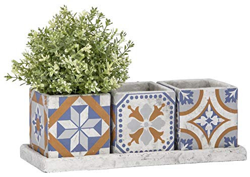 Rivanto® Port. Kacheln 3er Topfset auf Tray, aus Beton, 35,8 x 13,7 x 12,3 cm, quadratische Blumentöpfe, länglicher 3-TLG. Blumenkasten