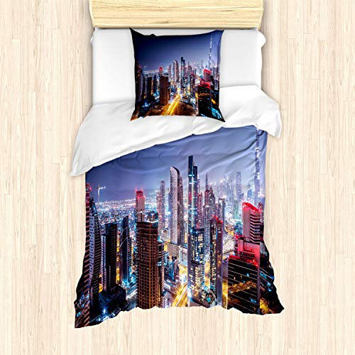 ABAKUHAUS Stadt Bettbezug Set für Einzelbetten, Nacht Dubai Tourist, Milbensicher Allergiker geeignet mit Kissenbezug, Dunkelblau Grau
