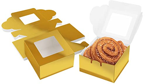 BELLE VOUS Schachtel aus Kraftpapier, goldfarben, mit transparentem Fenster (50 Stück) – Kuchenbehälter 10,16 x 10,16 x 5,7 cm – Gebäckbox für Kekse, kleine Kuchen, Desserts, Torten und Geschenke