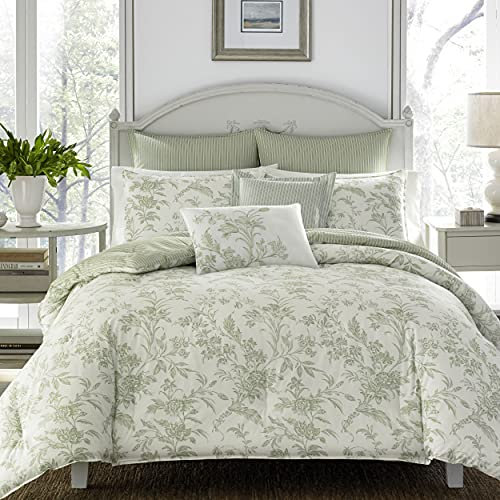 Laura Ashley Home | Natalie Collection | 5-teiliges Bettbezug-Set – 100% Baumwolle, wendbar, mittelschwere Bettwäsche, inklusive Bonus Euro Sham und Überwurfkissen, Doppelbett, Grün, Twin