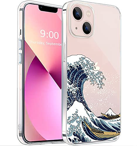 Unov Case Compatible with iPhone 13 Case Clear with Pattern Slim Protective Soft TPU Bumper Embossed Design 6.1 Inch (Great Wave)