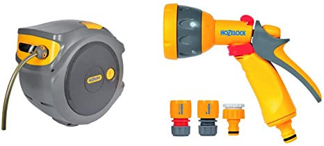 Hozelock 2401 0000 Auto Reel with 20 m Hose, Yellow/Grey & Hozelock 2347 0000 Multi Spray Watering Gun Starter Set, 205.0 mm*230.0 mm*260.0 mm