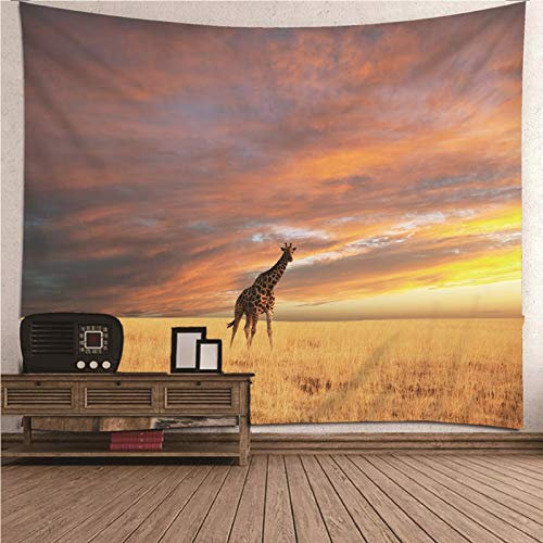 EHOMERY Wandbehang Quilt Wandtuch Dunkel Orange Gelb Giraffe Auf Der Wiese Wandteppich Orient Hochkant Deko Wandschmuck Groß Schlafzimmer Wohnzimmer Wanddekoration 150X150Cm