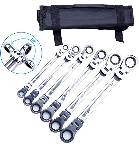 Pindex Doppel-Ringratschenringschlüssel Set 6tlg, 180° Flexibel Ringschlüssel mit Ratsche Set 8x9 10x11 12x13 14x15 16x17 18x19 mm