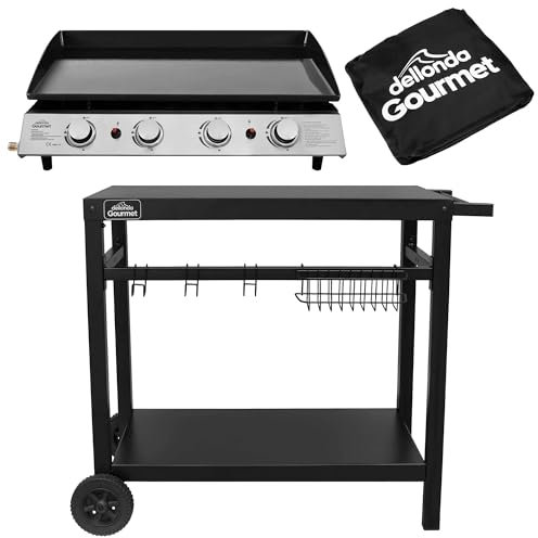 Dellonda 4 Burner Portable Gas Plancha 10kW BBQ Griddle, Stainless Steel, Supplied with Water Resistant Cover & Trolley - DG251