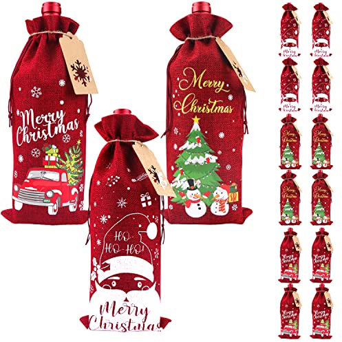 Ywediim 12 Stück Weinflaschenbeutel Aus Jute für Weihnachten, Mit Kordelzug und Anhänger Wiederverwendbar, für Weihnachten, Hochzeit, Geburtstag, Urlaubsparty