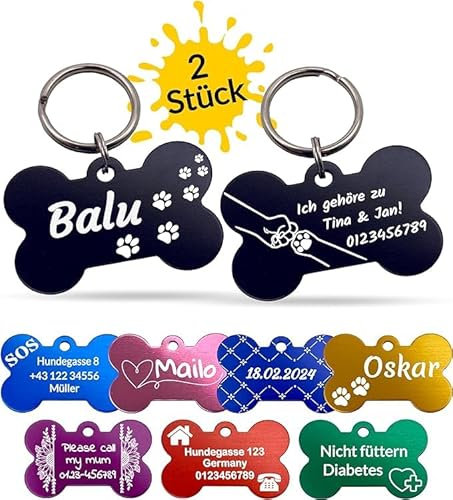 Unikat Branding | 2 Stück Erkennungsmarken | Hund, Katze und Herrchen | Hundemarke personalisiert | Beidseitig mit Gravur | Knochen | Grün | 38 mm