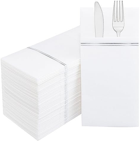 Nervure Silberfarbene Papierservietten, Einweg-Servietten, integriertes Besteckfach, vorgefaltet, stoffähnlich, strapazierfähig, Leinen-Gefühl, für Partys, Hochzeiten und Veranstaltungen, 100 Stück
