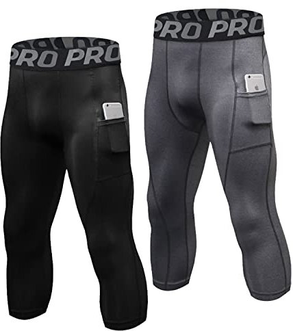 LNFINTDO 2er-Pack Kompressionshose Herren 3/4 Sport Leggings Schnelltrocknende Lauftights mit Taschen Atmungsaktiv Kompression Hose für Fitness Gym Joggen Training Basketball