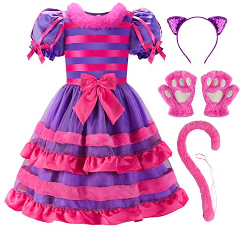 ReliBeauty Costume Gatto Lilla Bambina Ragazza Vestito Carnevale Gatto con Accessori Halloween,(110 cm)