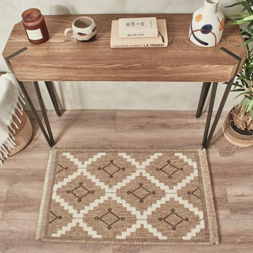 Nazar Tapis, Tapis Salon Nature Aspect Jute Chiné Motif Moderne Style Boho, Tapis pour Salon, Chambre, Terrasse, Exterieur, Couleur Naturelle (9041 Marron, 60x90 cm)