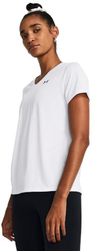Under Armour Tech SSV Solid Camiseta de manga corta para mujer con cuello de pico, ligera camiseta de deporte, color blanco/negro