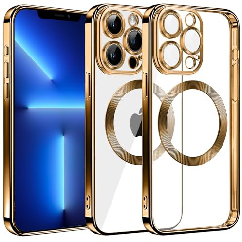 S. Dawezo Klare Magnetische Hülle für iPhone 13 Pro Max, kompatibel mit MagSafe Kabelloses Laden, Militärnorm Schutz, Kratzfest, Stoßfest, Schlanke Transparente für iPhone 13 Pro Max Hülle, Gold