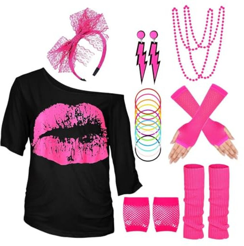 WILDPARTY 80er 90er Jahre Outfit Damen, T-Shirt, Beinwärmer, Stirnband, Ohrring, Halskette, Netzhandschuhe, 80er 90er Jahre Kostüm Mottoparty Accessoires Kleidung JD-80SMouth-Pink-XS