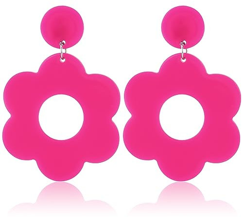 Neon Ohrringe Damen Vintage Blumen Grün Gänseblümchen Earrings Niedliche Hohle Anhänger Hängende Creolen für Frauen Mädchen 60er 70er 80er Party (Rosarot)