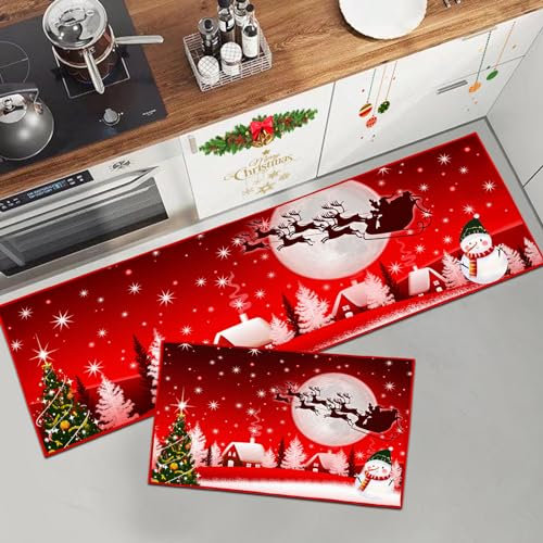 HZVRTN Weihnachtsteppich rutschfest Waschbarer Weihnachtsmann Druck Teppich für Küche, Flur, Wohnzimmer, Büro, Kinderzimmer, Weihnachtsdekoration für Zuhause (40x60+40x120cm, Weihnachts A)