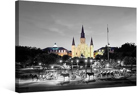 Leinwandbild Amerika New Orleans Stadtbild Wandgemälde Saint Louis Kathedrale Schwarz und Weiß Wandkunst Jackson Square Night View Poster Druck auf Leinwand gerahmt gespannt fertig zum Aufhängen 30,5