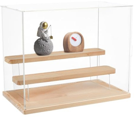 NBEADS 2-Tier Clear Acrylic Display Case, Display Box Display Stand Wooden Tiered Organizer Case Countertop Display Case for Crafts Show Storage Collectible Mini Action Figure, 31.8x18x25cm