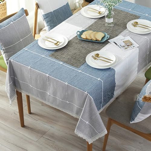 Tischdecke Landhausstil Abwaschbar, Polyester Gestricktes Gitter-Flickwerk mit Spitzensaum Tischtuch für Küche, Picknick, Tischdekoration, Blau grau, 140 x 180 cm