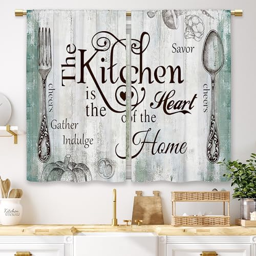 Laifzere Rustic Teal Wood Curtains for Kitchen Small Wooden Short Curtains for Coffee Window Vintage Fork Spoon Rod Pocket Bathroom Living Room
