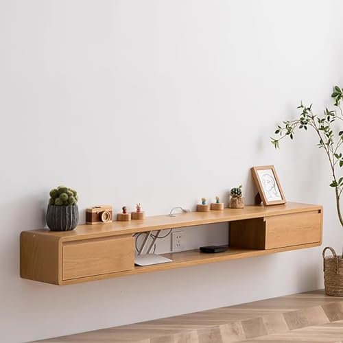 PQXQZ Meuble TV Suspendu, Meuble TV Mural, Meuble TV en Bois de Chêne avec 2 Tiroirs de Rangement et Trou de Câble, Table Console TV