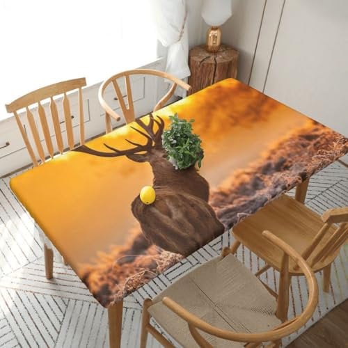 VMUDJAPRG Rechteckige Tischdecke mit Geweih und rotem Hirsch, bedruckt, 152 cm, mit elastischem Rand, für Partys im Innen- und Außenbereich, Hochzeiten, Geburtstage, Picknicks und Veranstaltungen