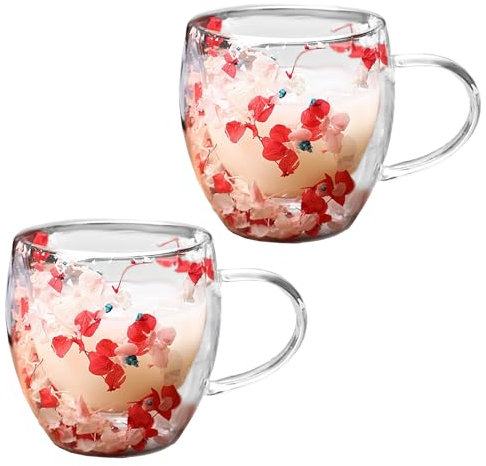 JUOPZKENN 2pcs Double Wall Glass Coffee Mugs, Double Clear Glass Coffee Mugs, Insulated Heat Resistant Glass Mug with Flower Petal and Walled, Birthday Gifts Coffee Mugs(#1)