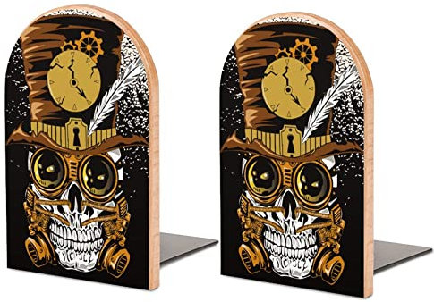 Lot de 2 serre-livres de 12,7 x 7,6 cm - Modernes et décoratifs pour étagères - Design tendance - Pour livres lourds - Pour bureau, école, maison, cuisine - Tête de mort steampunk