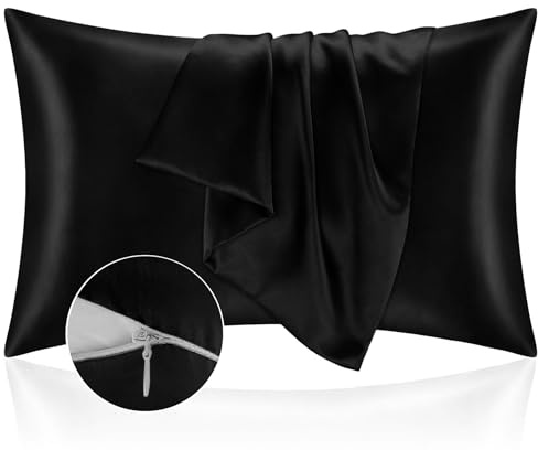 Kissenbezug Bett 50x90 aus Satin - Satinbezug Schützt Haut und Haare - Super Weich und Hypoallergen - 2er Set Kissenbezug mit Reißverschluss - Schwarz