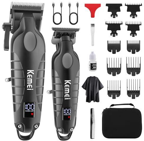 KEMEI Professionelle Haarschneidemaschinen für Männer, Schnurloser Kompletter Barber Clipper T-Klingen Trimmer Set, Elektrisches Haarschneiden Full Kit mit 9 Führungskamm, LED-Anzeige