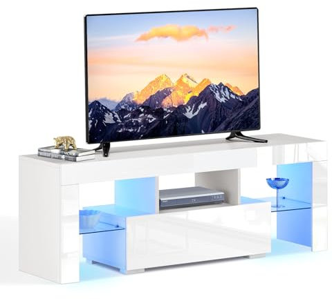 CLIPOP White High Gloss TV Cabinet with 16 Colors RGB LED Lights, Wood TV Stand Unit for 50-55 inch TV,with Glass Shelves and 1 Drawer for Living Room Entertainment Centre (5 shelves + 1 drawer)
